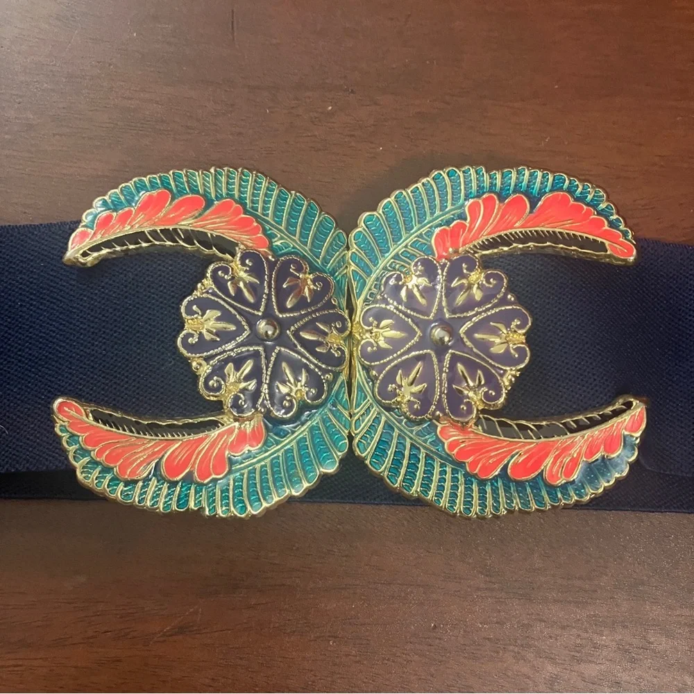 Vintage 1970s-80s Cloisonné Enamel Clasp Buckle with Navy Blue Stretch Blue